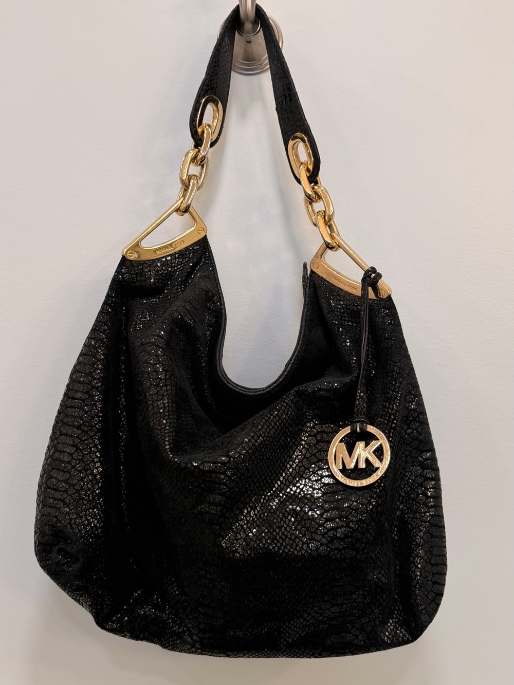 Michael Black Shoulder Bag/Hobo with a Embossed Textured Snake Print
